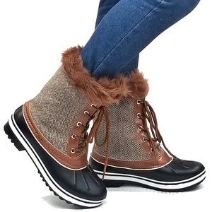 New Tan Faux Fur Lace Up Mid-Calf Snow Boots